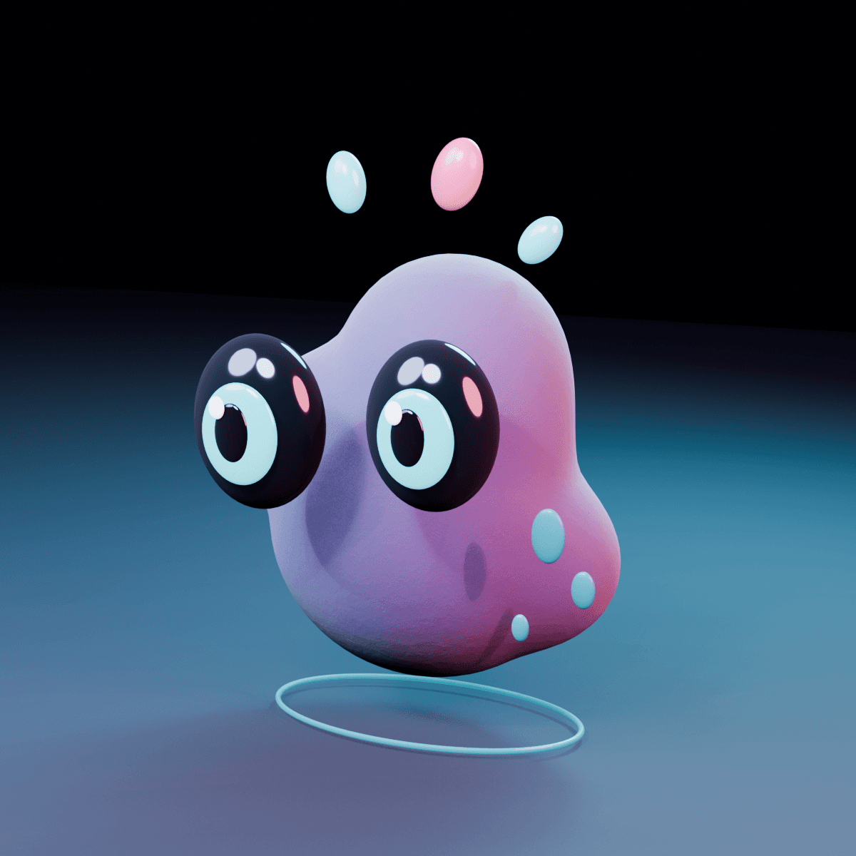 Scoo embodiment proof: a soft blue-violet being with large expressive eyes and coral and cyan markings